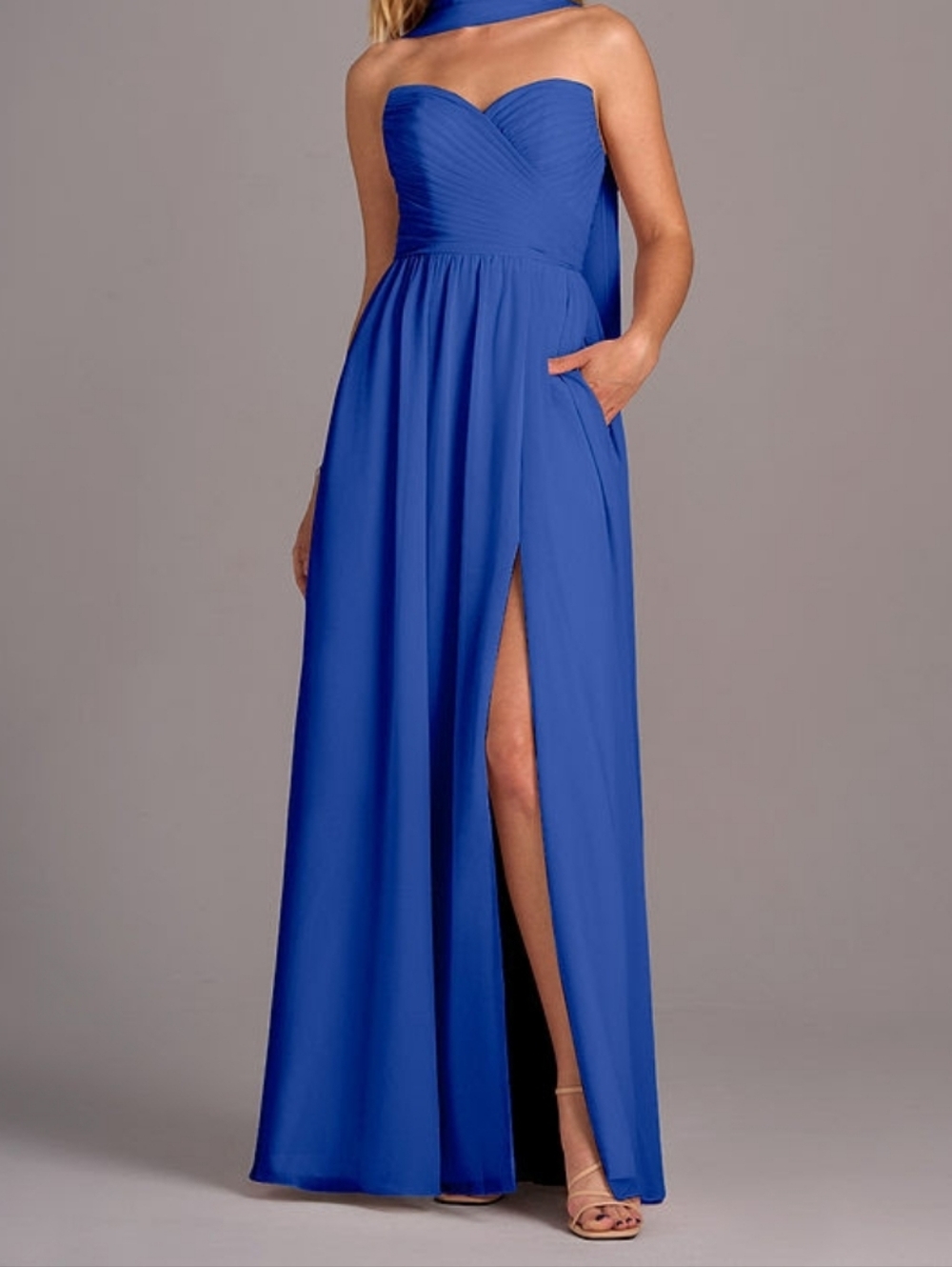 Azazie Cobalt Blue Strapless Maxi Gown with High Slit